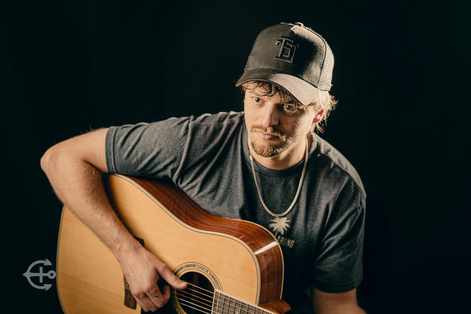 Musician seated with an acoustic guitar against a dark background
