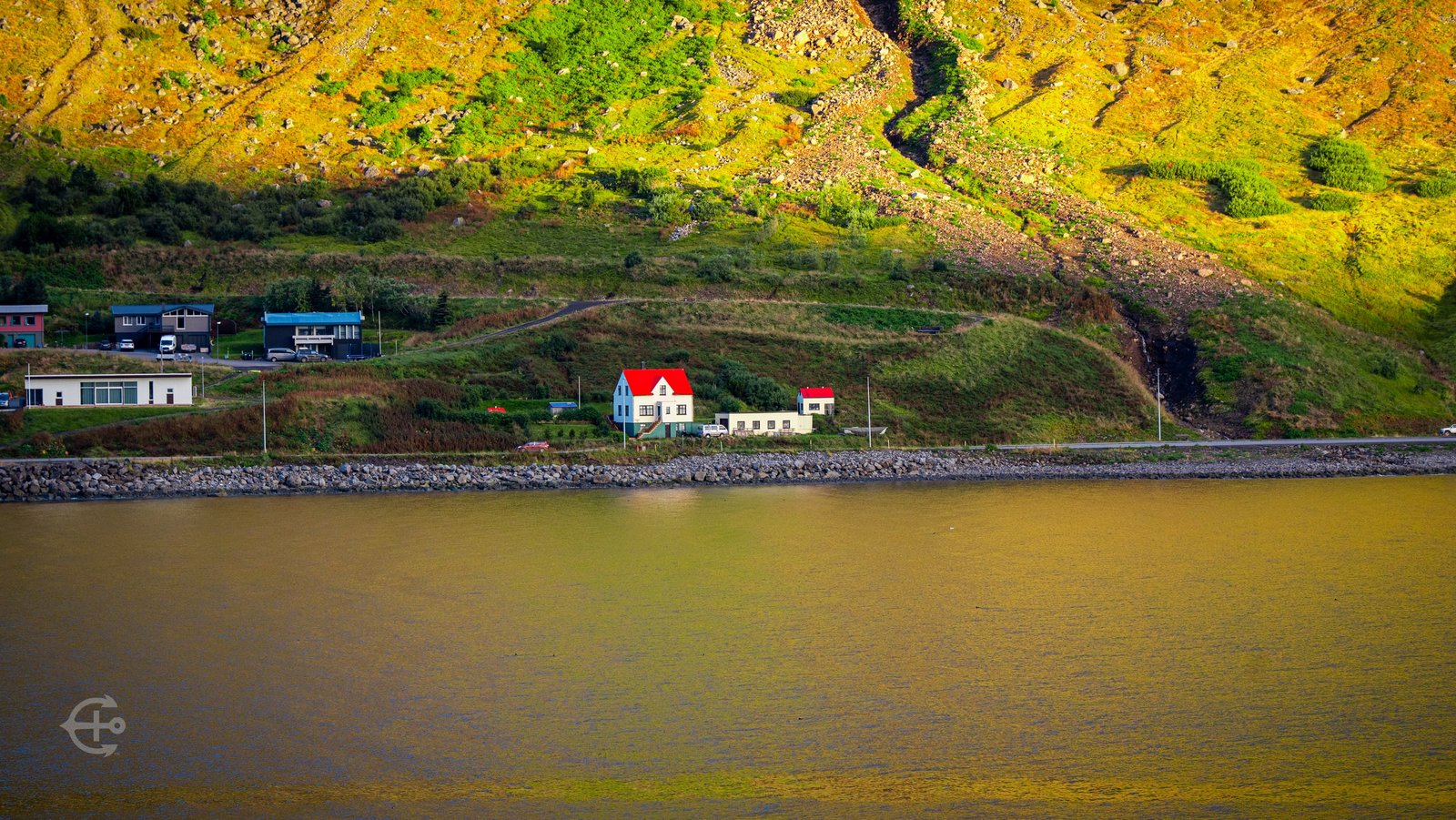 Red-roofed waterfront houses below a sunlit green slope