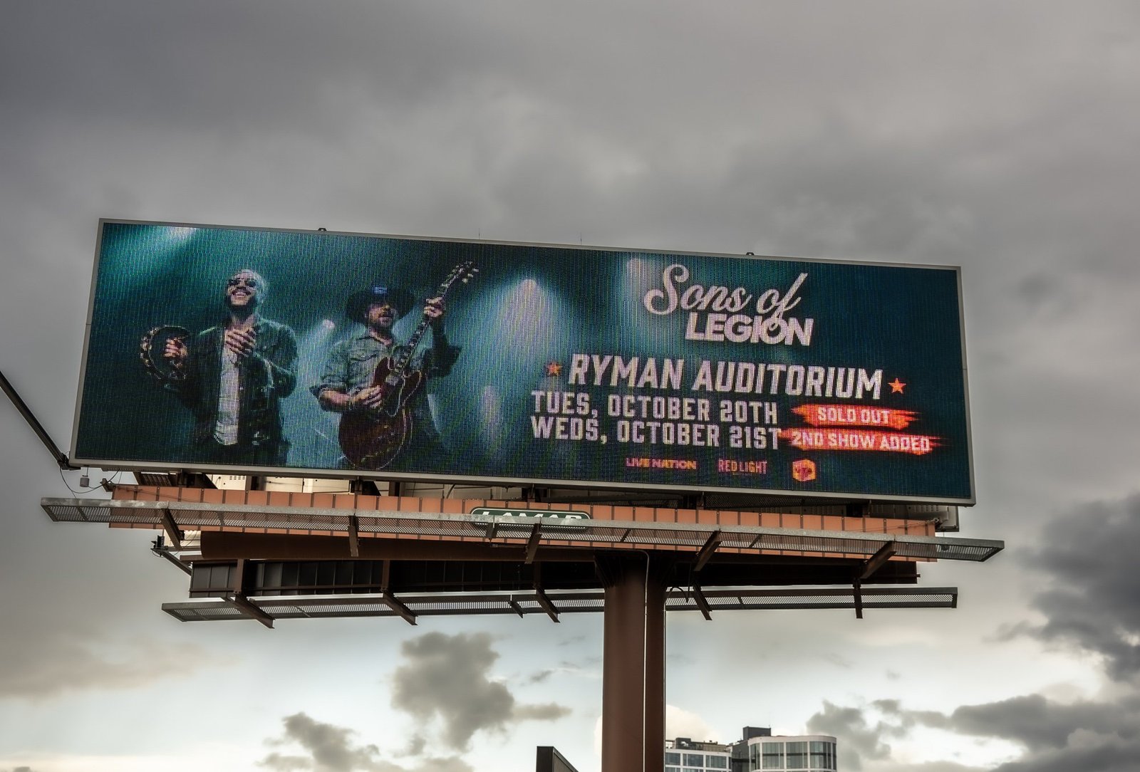 Sons of Legion Ryman Auditorium promotion displayed on an interstate billboard