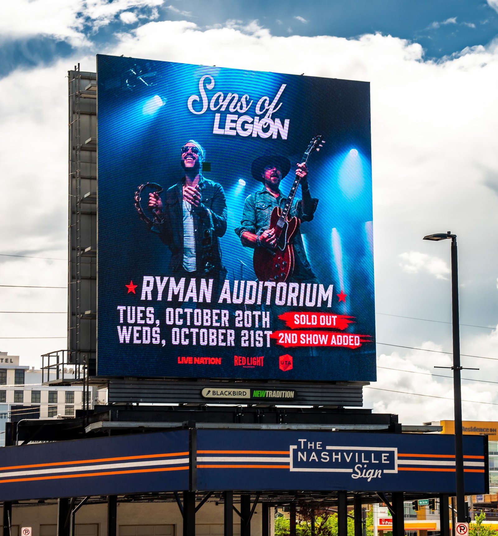 Sons of Legion Ryman Auditorium promotion displayed on The Nashville Sign